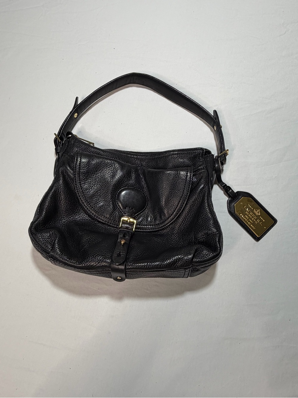 Lauren Ralph Lauren Black Pebbled Leather Shoulder Bag with Gold hang tag